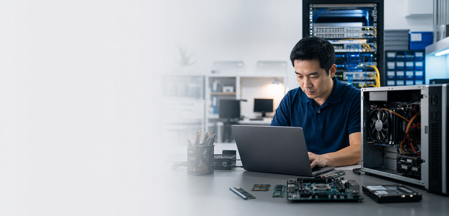 IT support technician working on laptop and network equipment